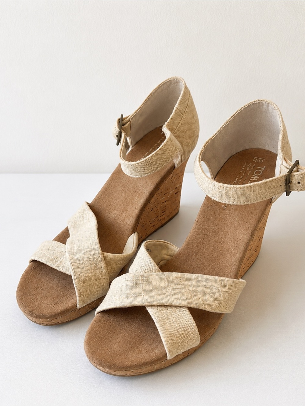 Toms Beige Linen Crisscross Cork Wedge Sandals Size 11W